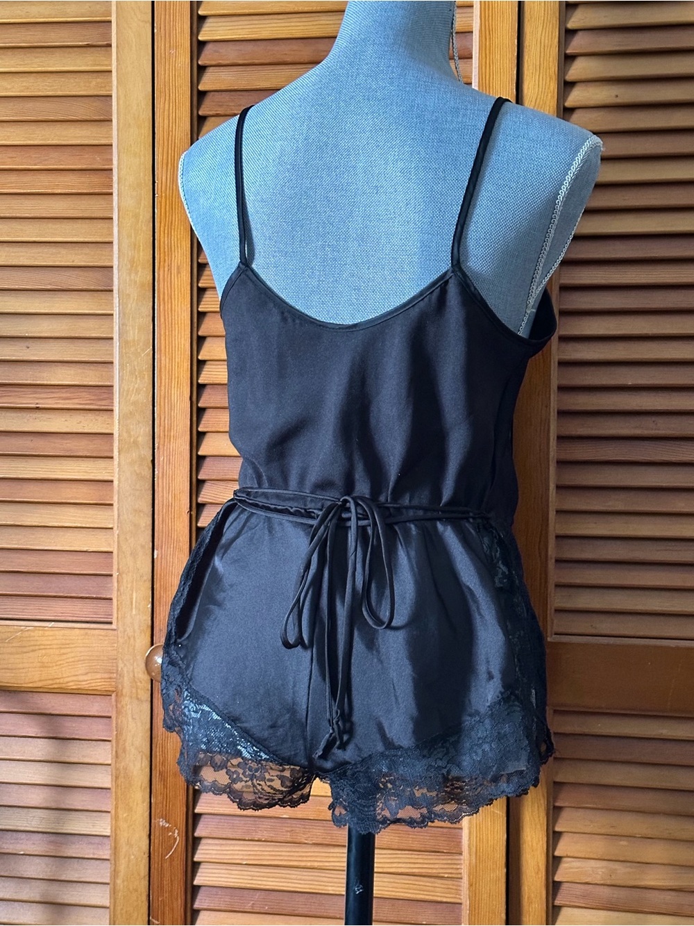 Vintage 80s Black Lace-Trim Satin Teddy Romper - Picture 5 of 11